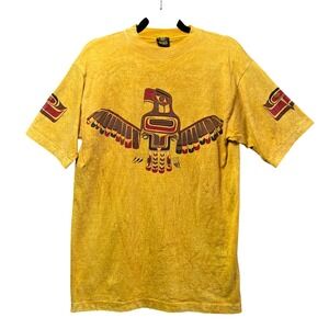 Vintage 90s Factory Artwear Thunderbird T-Shirt M Mustard Gold Tribal Graphic‎